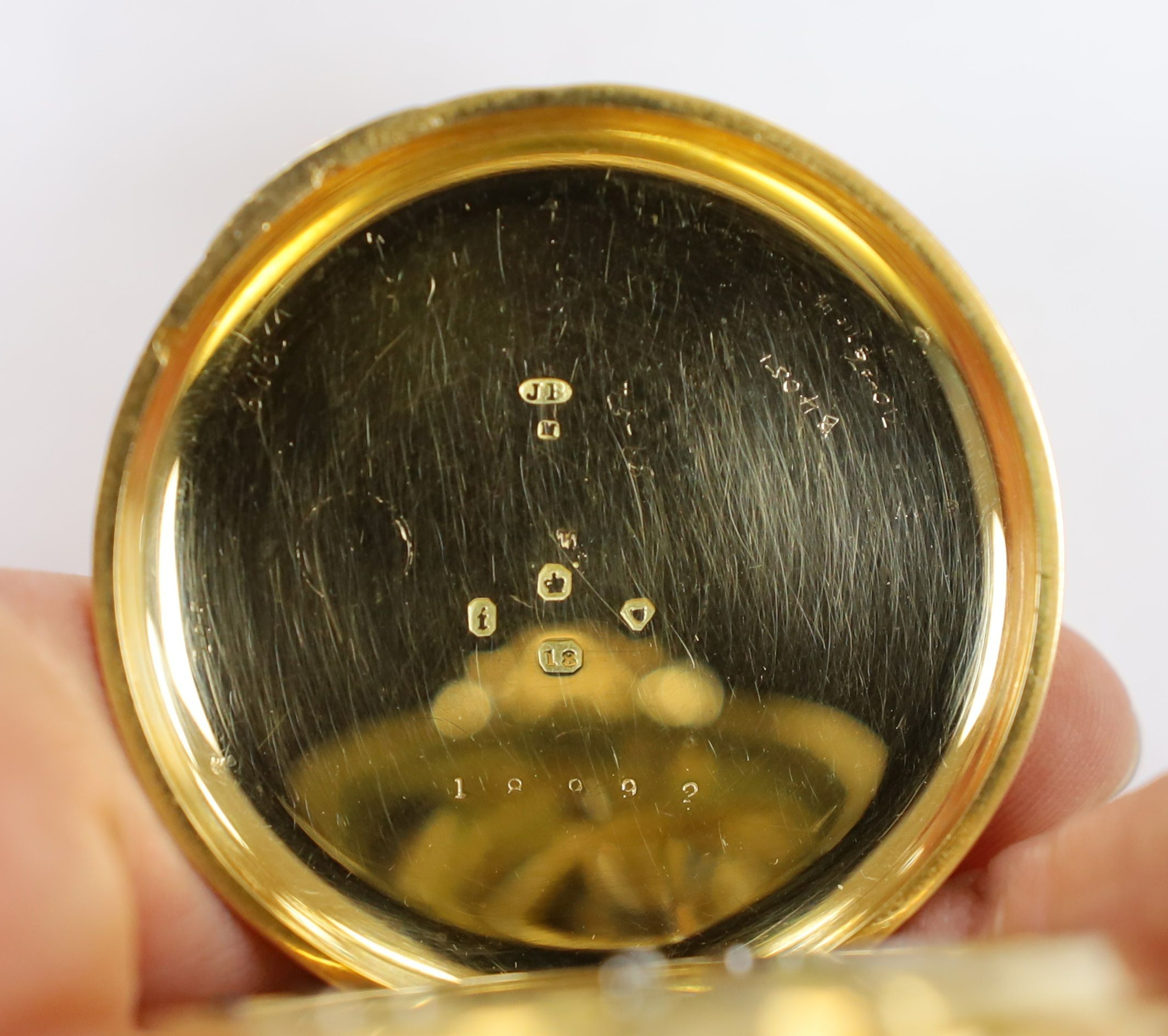 A late Victorian 18ct gold open face pocket watch, by E.G. Johnson, London, with Roman dial and subsidiary second, case diameter 49mm, gross weight 95.7 grams